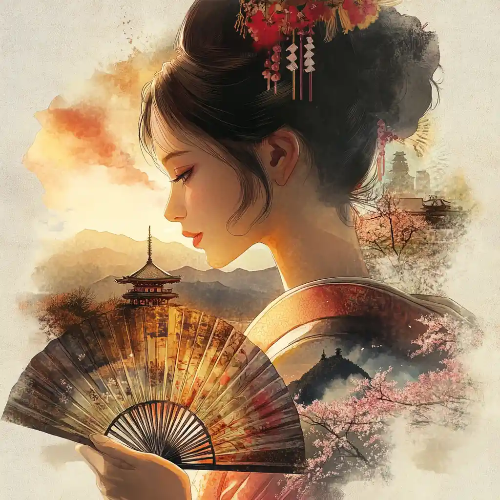 手持扇子與夕陽景緻的藝伎側面肖像