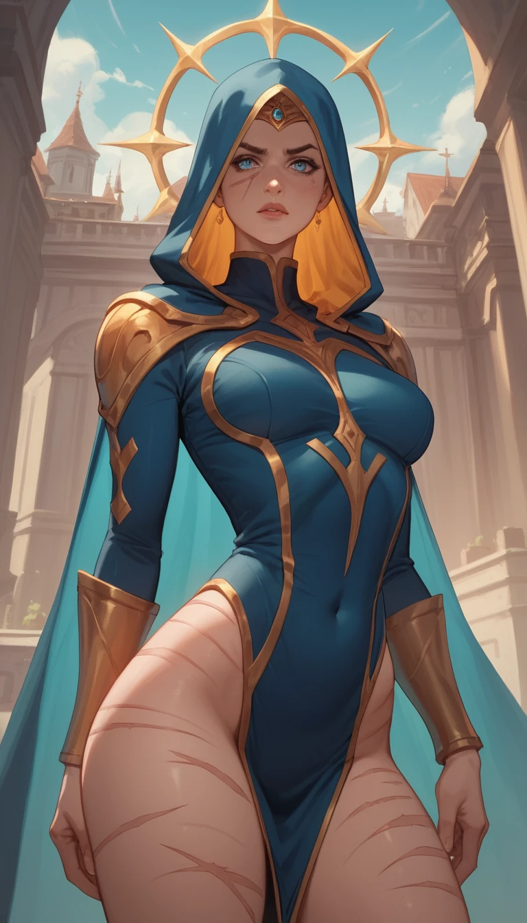 Determined sorceress in sleek costume before fantasy city