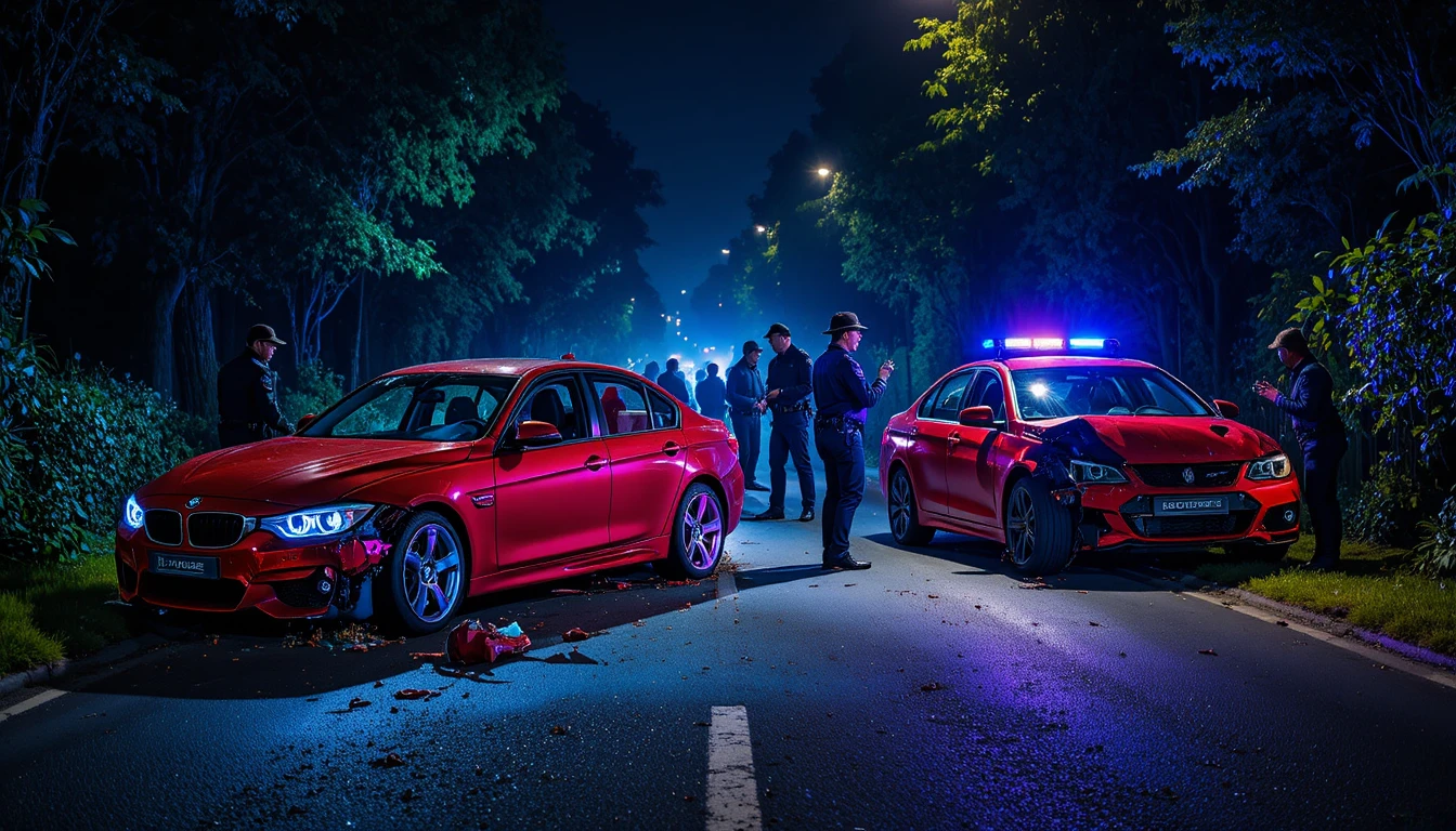 夜間車禍現場：損毀的紅色跑車與警方