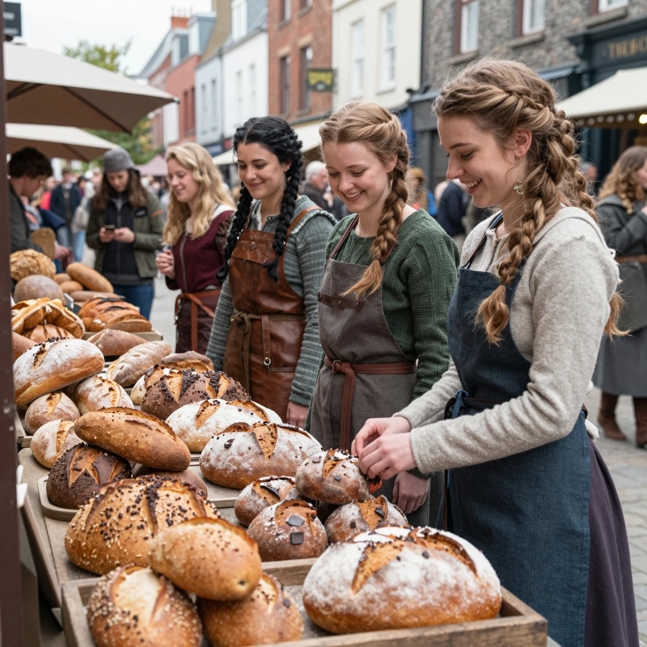 Junge Fantasy-Frauen verkaufen Brot an einem belebten Marktstand