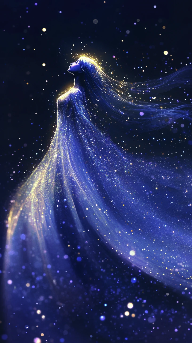 Donna eterea di stelle che si inarca nell’oscurità cosmica