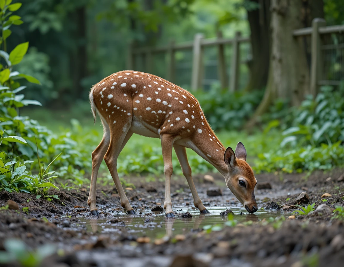 Jovem veado-sika pastando ao lado de uma poça lamacenta na floresta