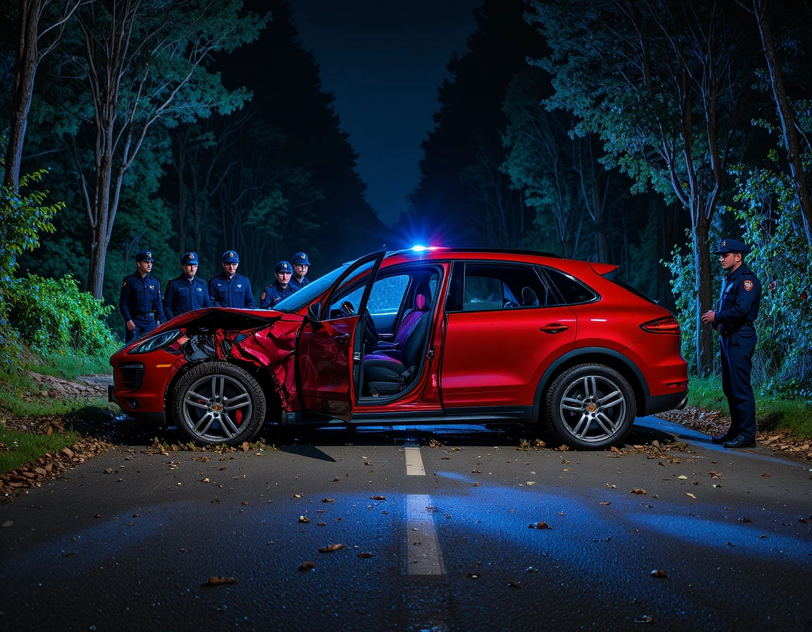 Carro esportivo vermelho destruído e partido ao meio em estrada escura