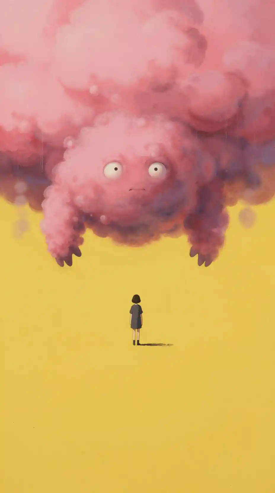 女人在黃色虛空中面對煙霧生物的畫作