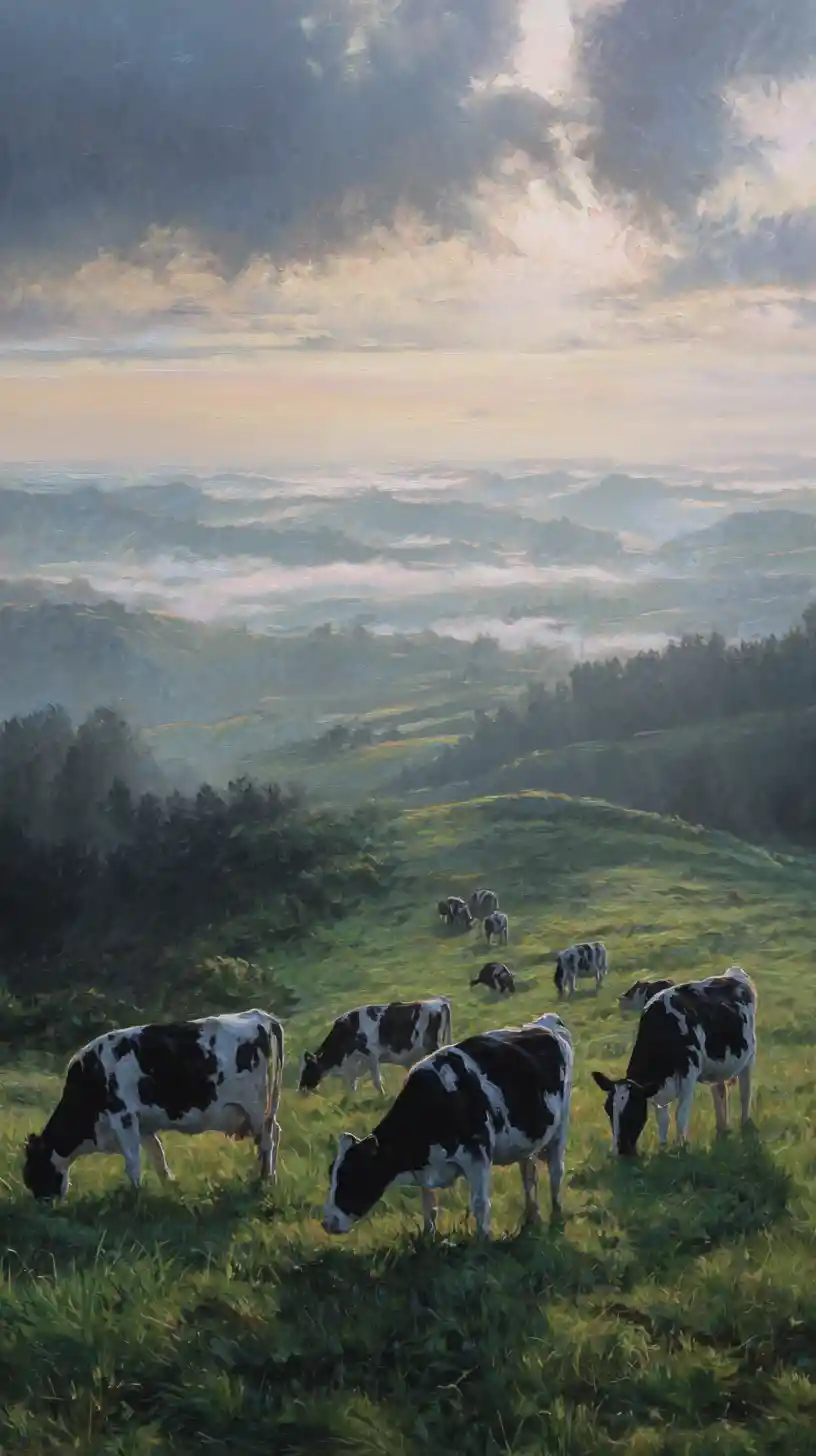 Cows Grazing In Misty Morning Pasture Gouache Painting