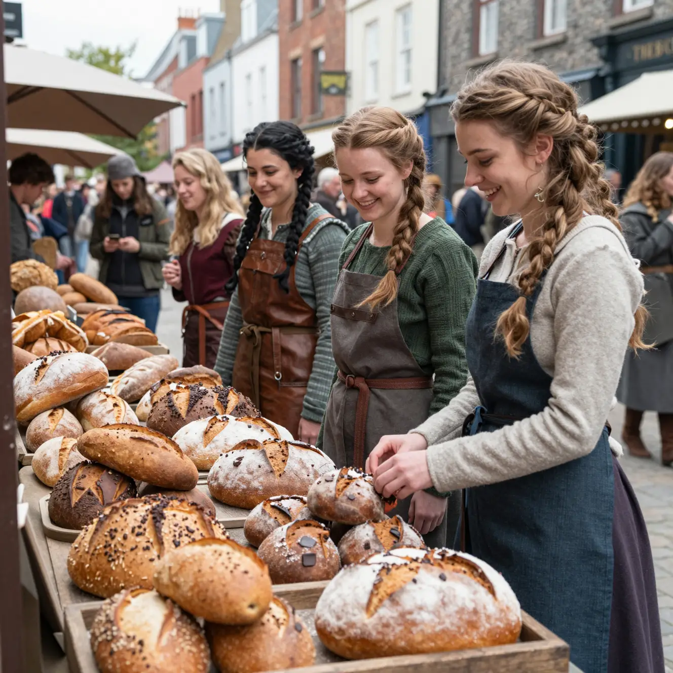 Junge Fantasy-Frauen verkaufen Brot an einem belebten Marktstand