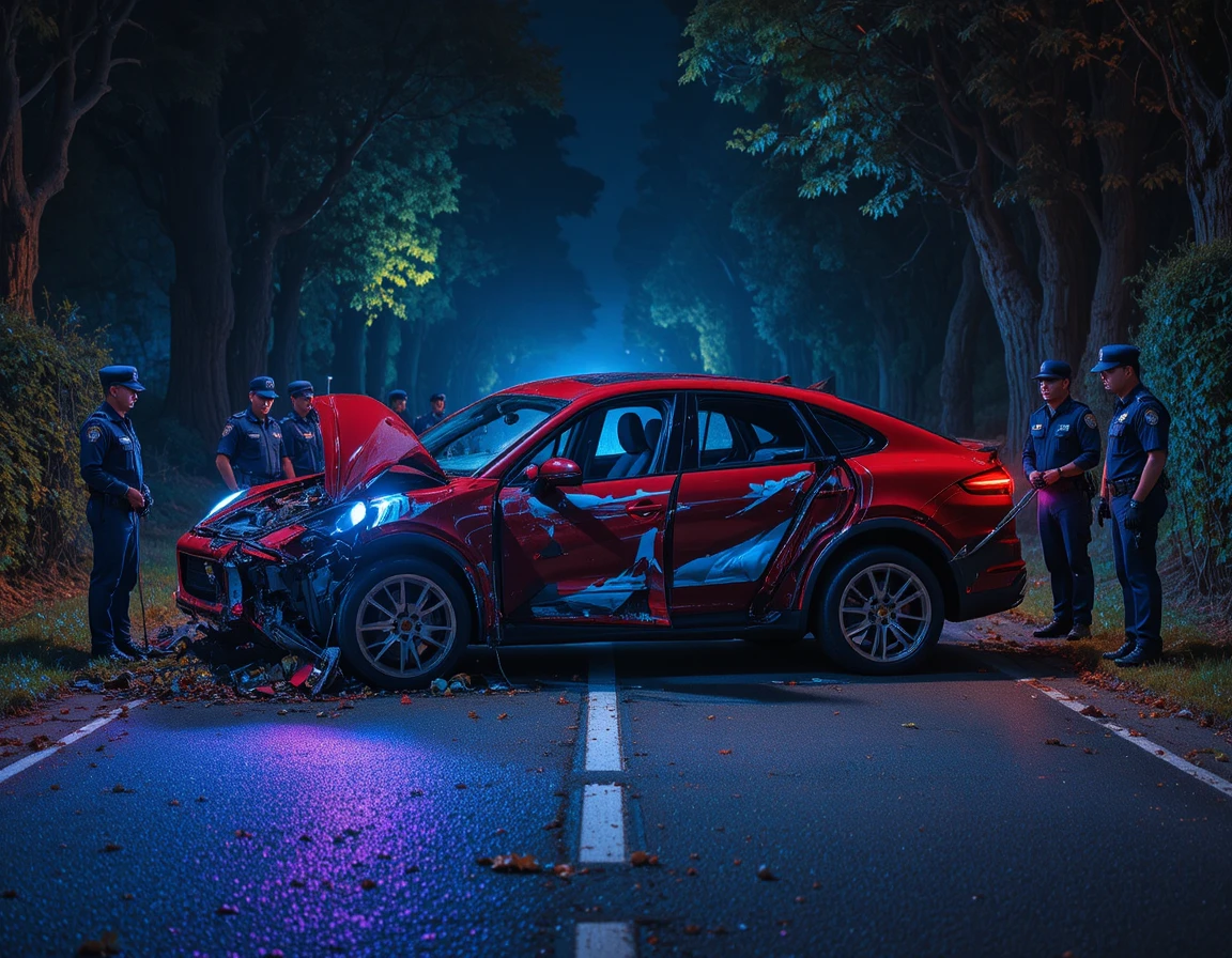 Polizia notturna ispeziona un'auto sportiva rossa distrutta su una strada nel bosco