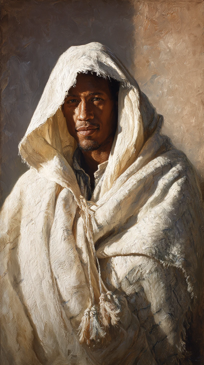 Algerian man in white burnous three quarter oil portrait