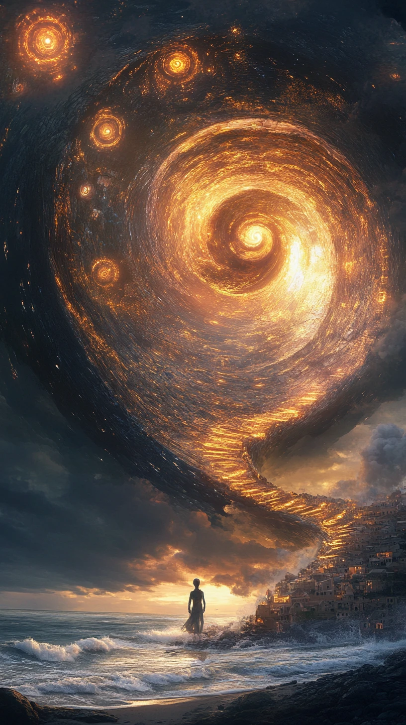 Humanoide místico emergindo de uma concha espiral na vila