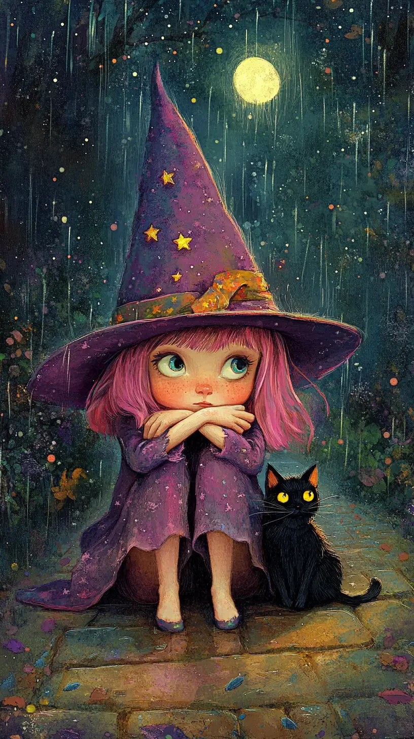 Sad little witch sitting on a rainy forest path