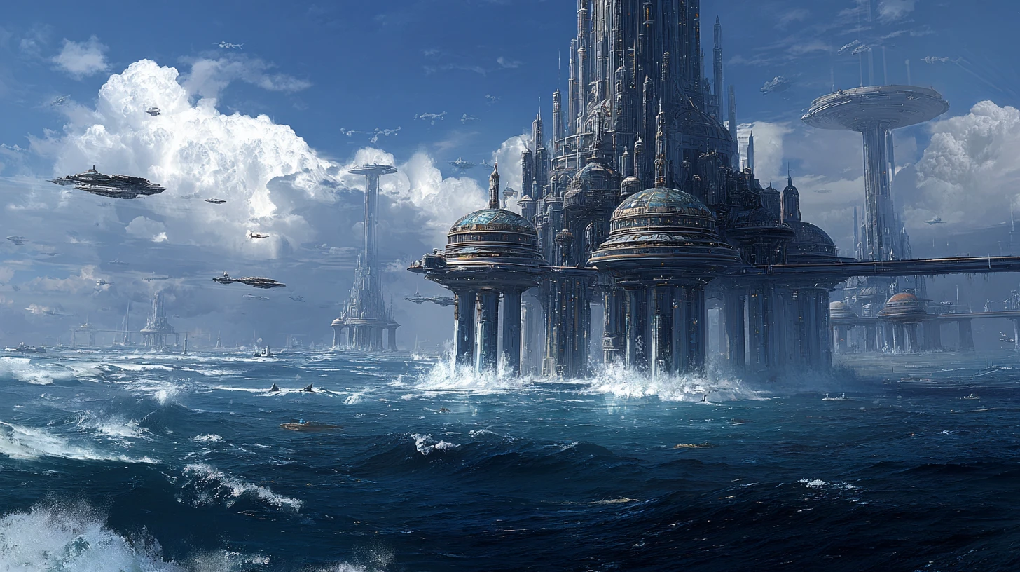 Alien ocean world with towering cities above the waves