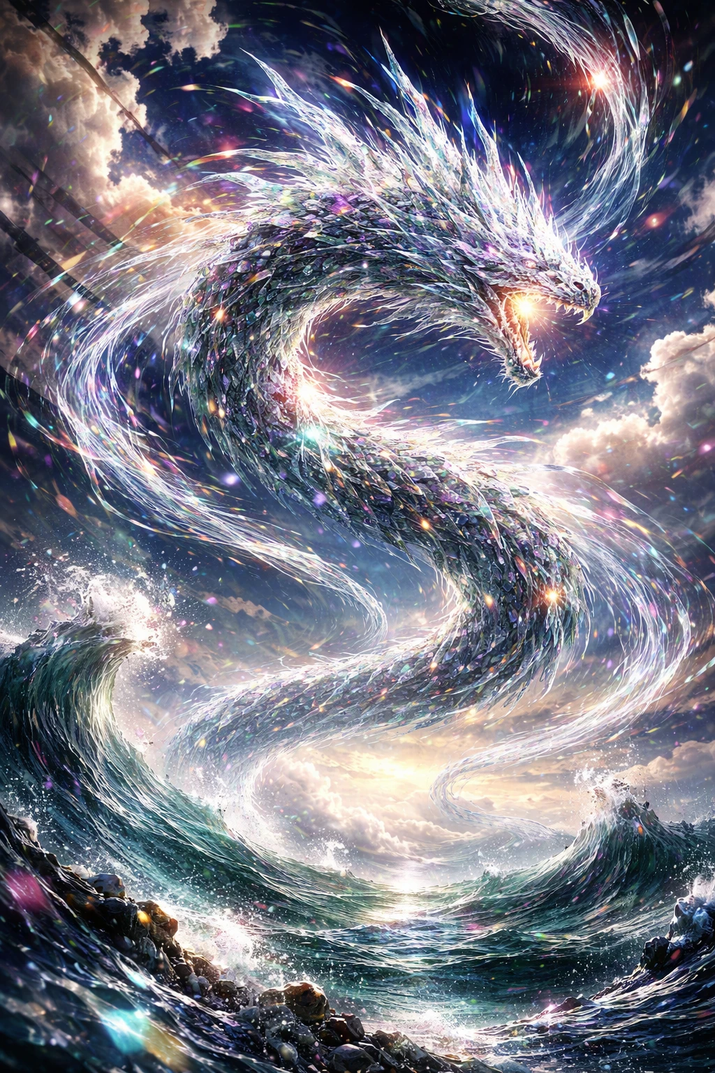 Surrealer Lichtsplitter-Drache, der sich durch Himmel und Meer windet