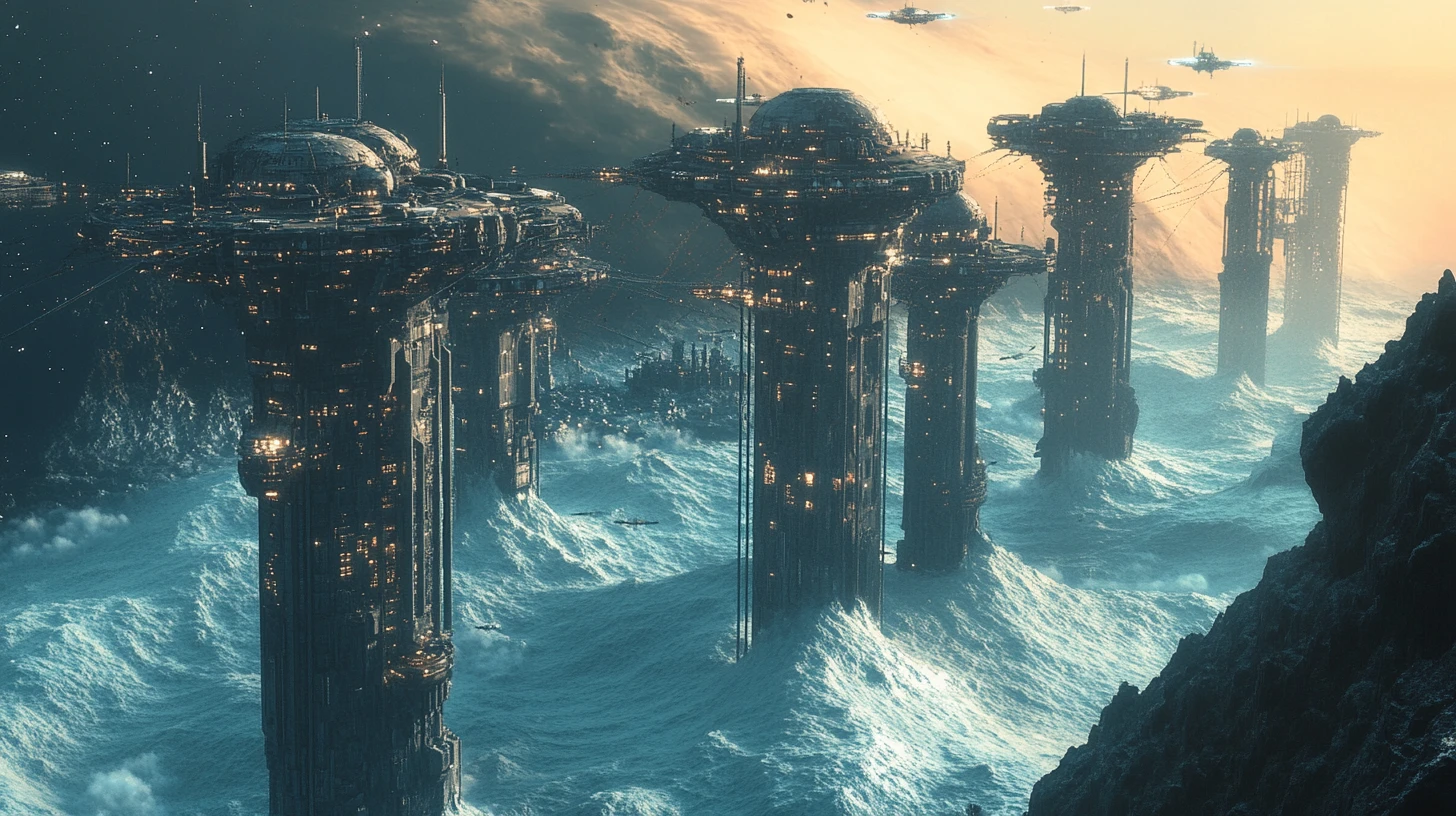 Planète océanique alien avec d’immenses villes sur pylônes sous des dômes