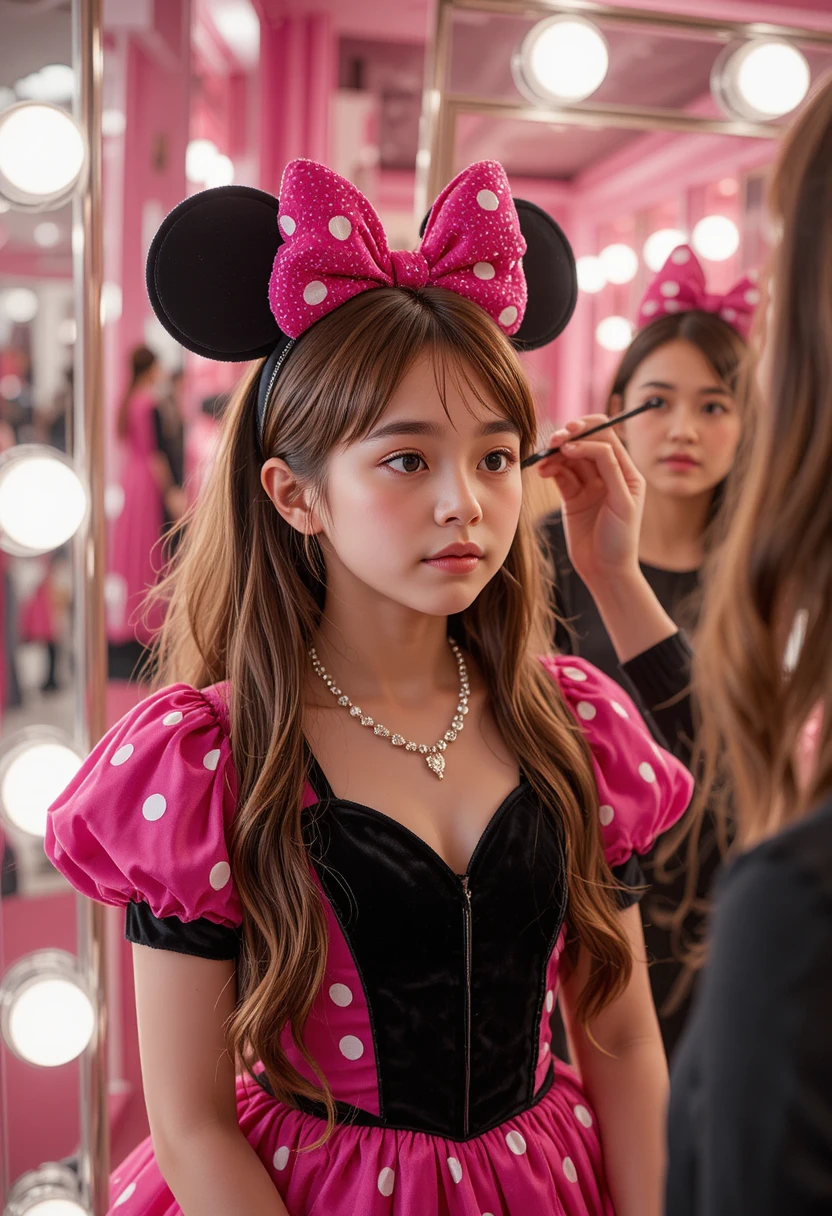 Young boy in Minnie dress getting makeup in dressing room