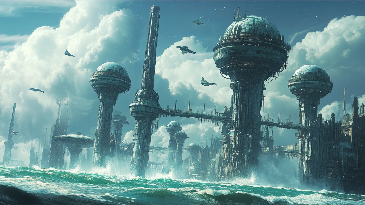 Futuristic cities on towering pylons above an endless ocean