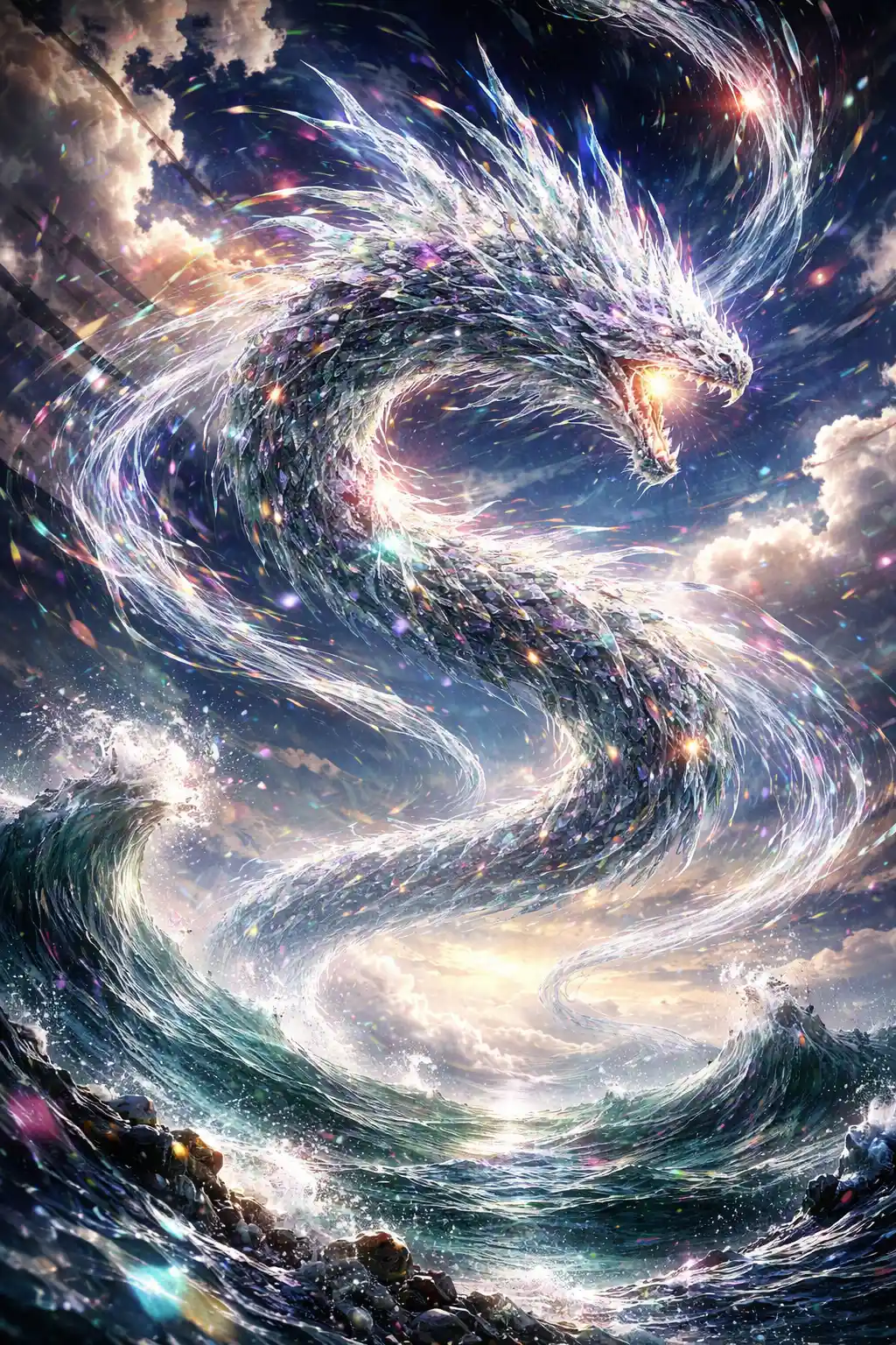Surreal light shard dragon twisting through sky and sea