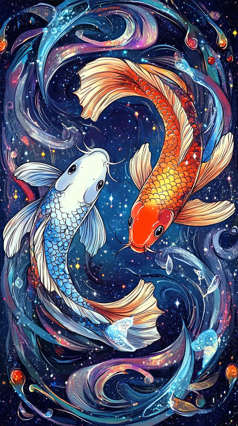Radiant koi swirling through a cosmic galaxy ocean