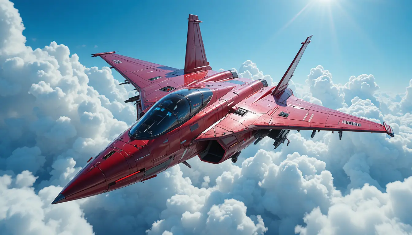 明るい雲海の上を飛ぶ赤い未来的な戦闘機