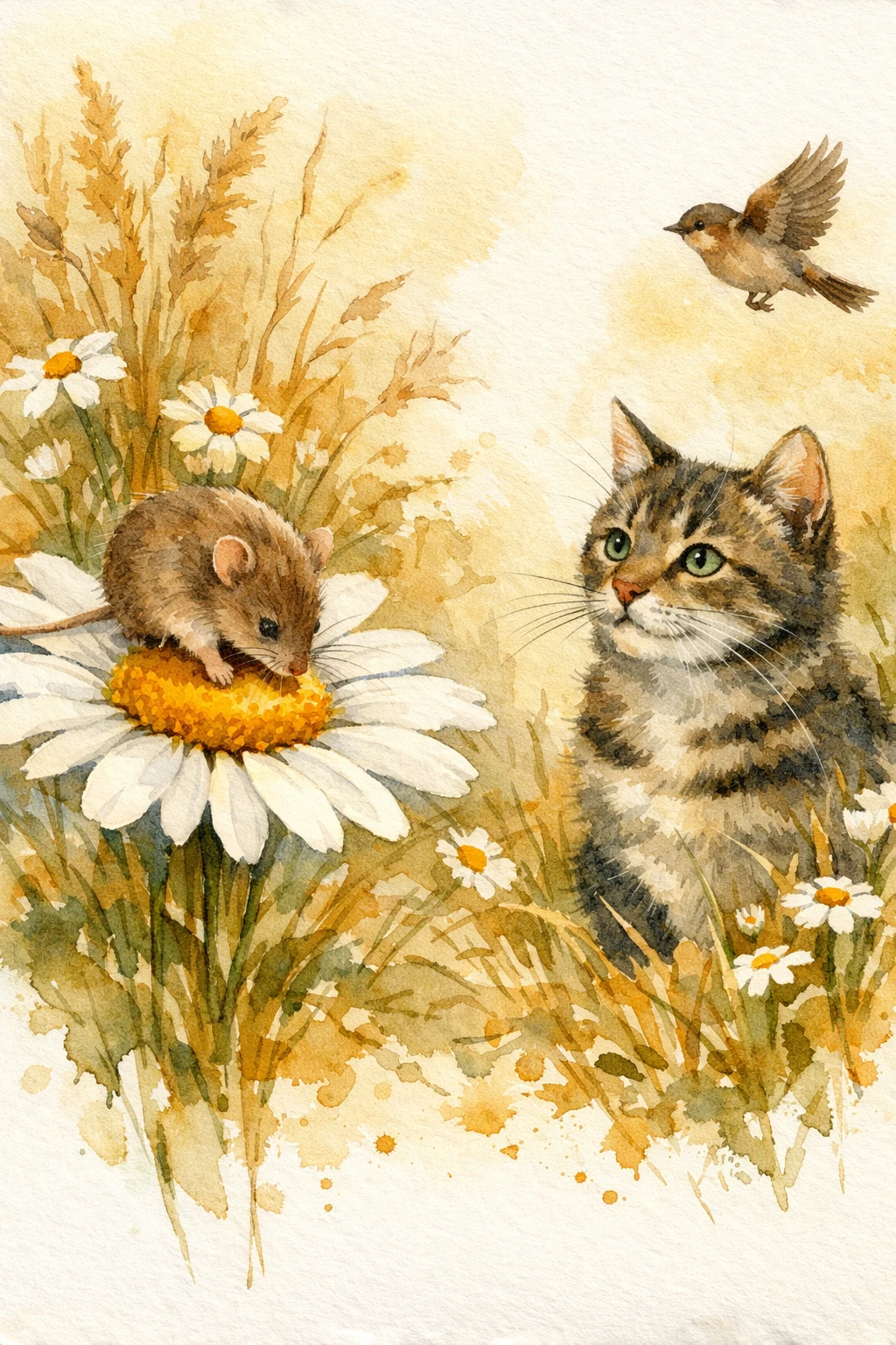 Rato em aquarela sobre margarida com gato atento na grama