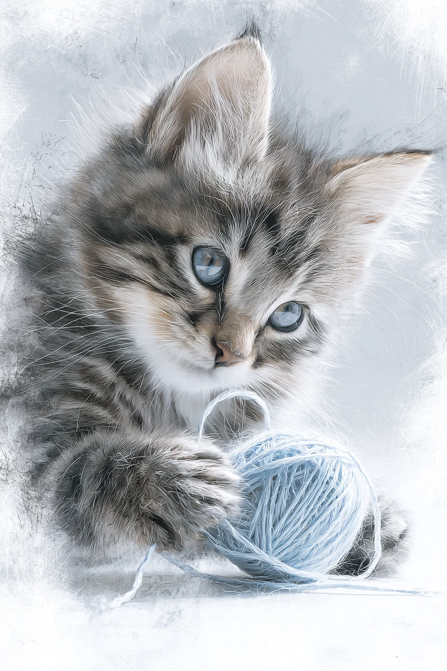 Chaton gris tout doux jouant avec une pelote de laine bleue