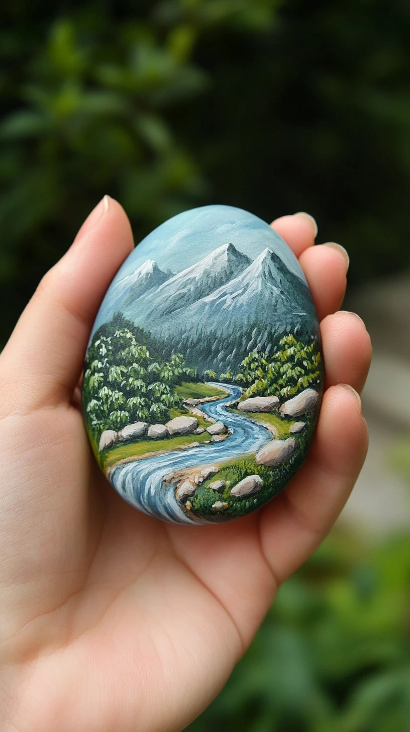 Hand hält bemalten Stein mit Bergfluss-Szene