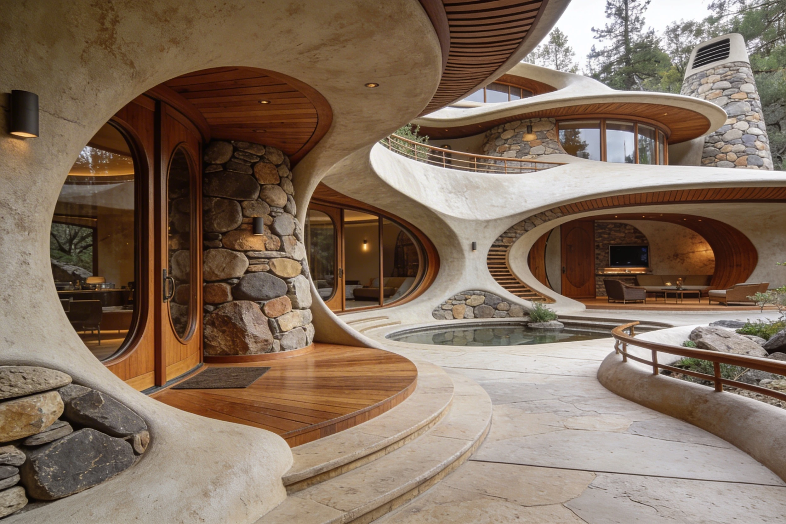 Casa orgânica futurista em harmonia com formas naturais fluidas