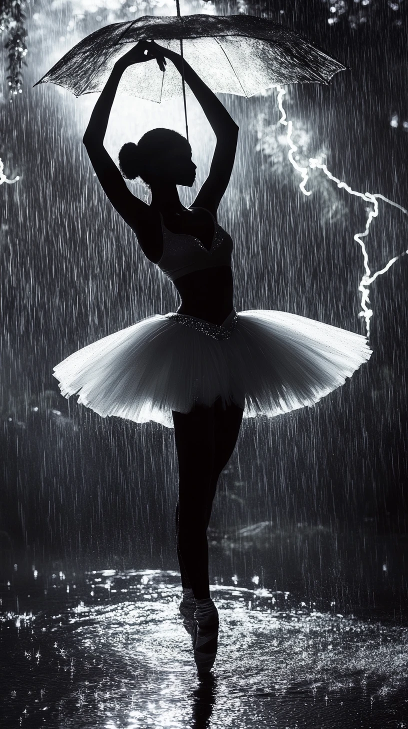 Ballerine à la peau mélaninée dansant sous la pluie et la lumière électrique