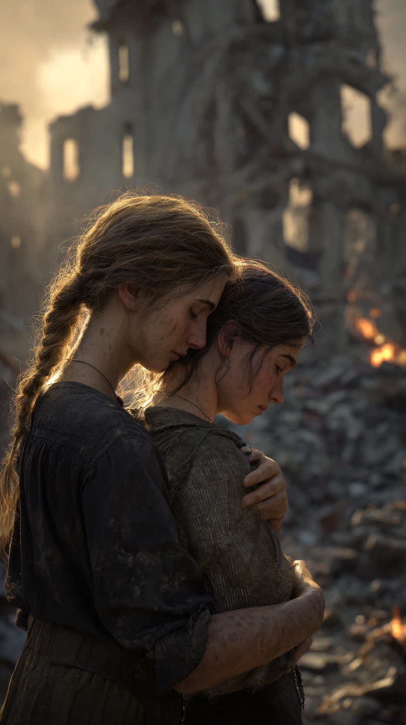 Two women waltzing in the ruins of a devastated city