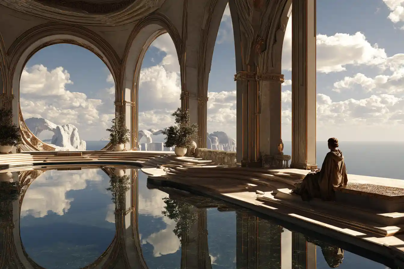 Surreal divine commedia in ethereal quantum Italian architecture