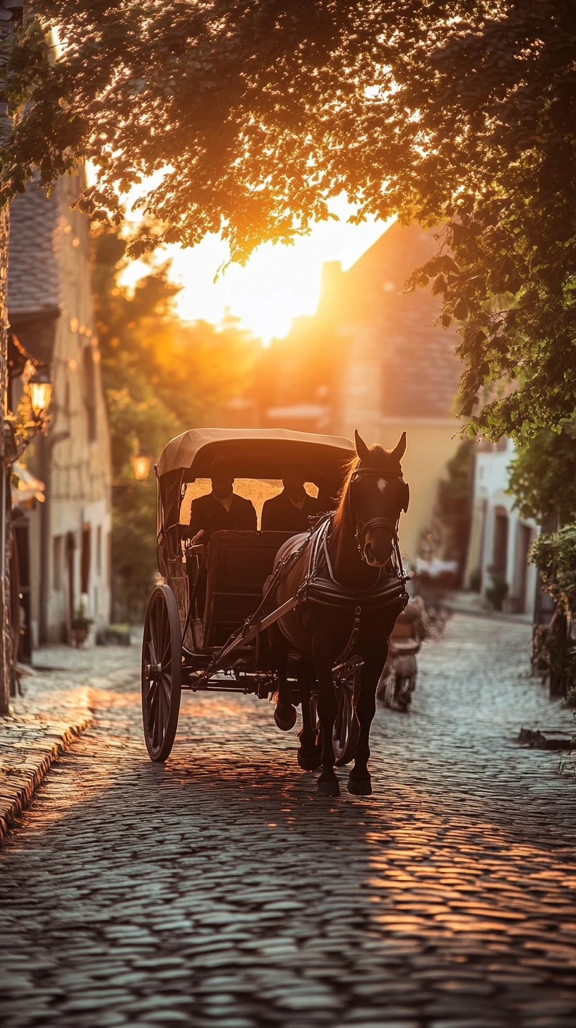 Vintage carriage on cobblestone street at warm sunset