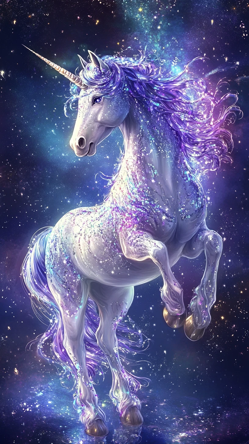 Ätherisches Einhorn, das unter einem schimmernden Sternenhimmel tanzt