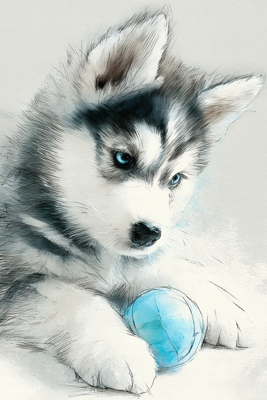 Filhote de husky brincalhão com olhos azuis e bola em aquarela