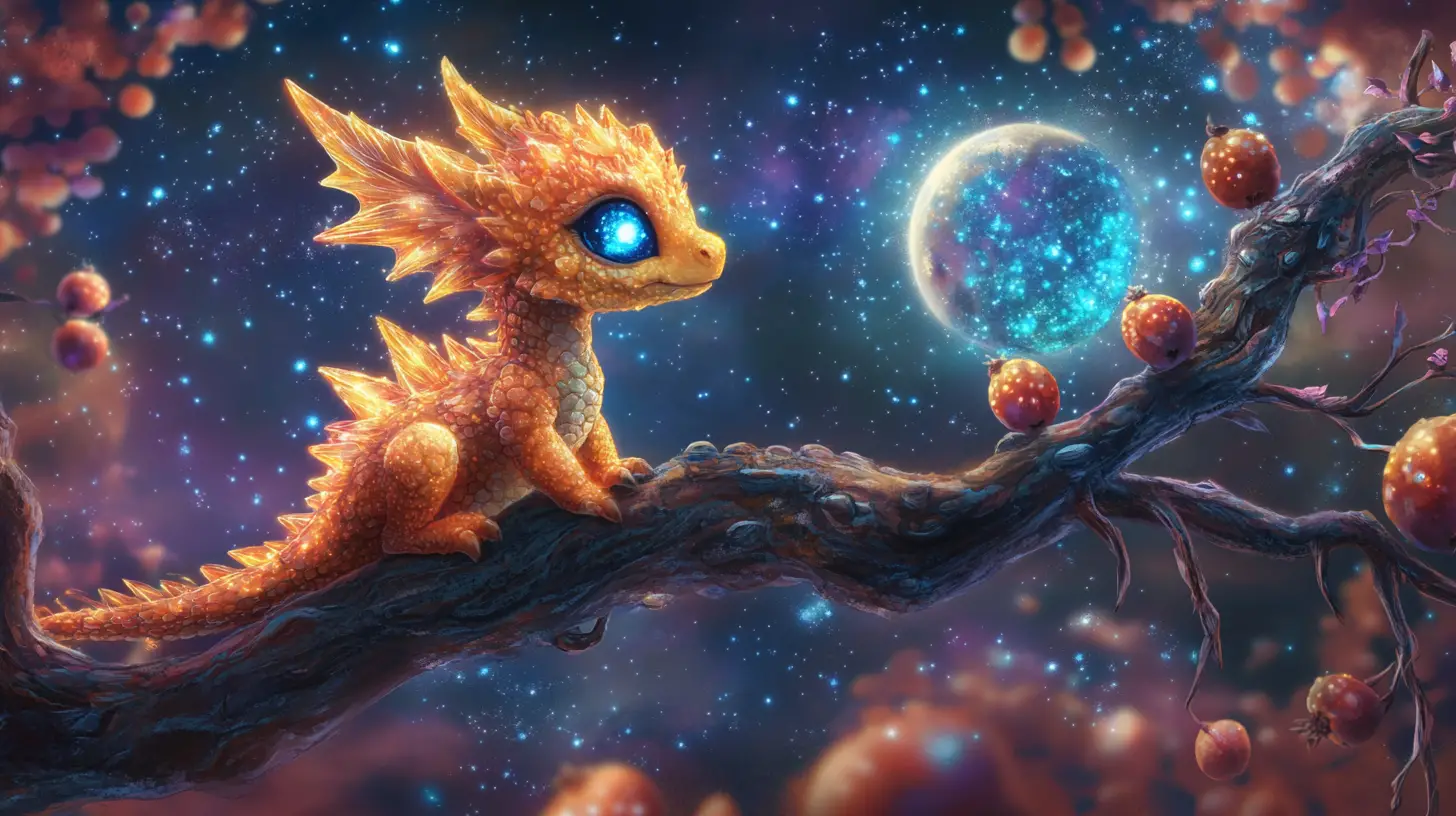 Surreal baby dragon on a twisting branch in cosmic sky
