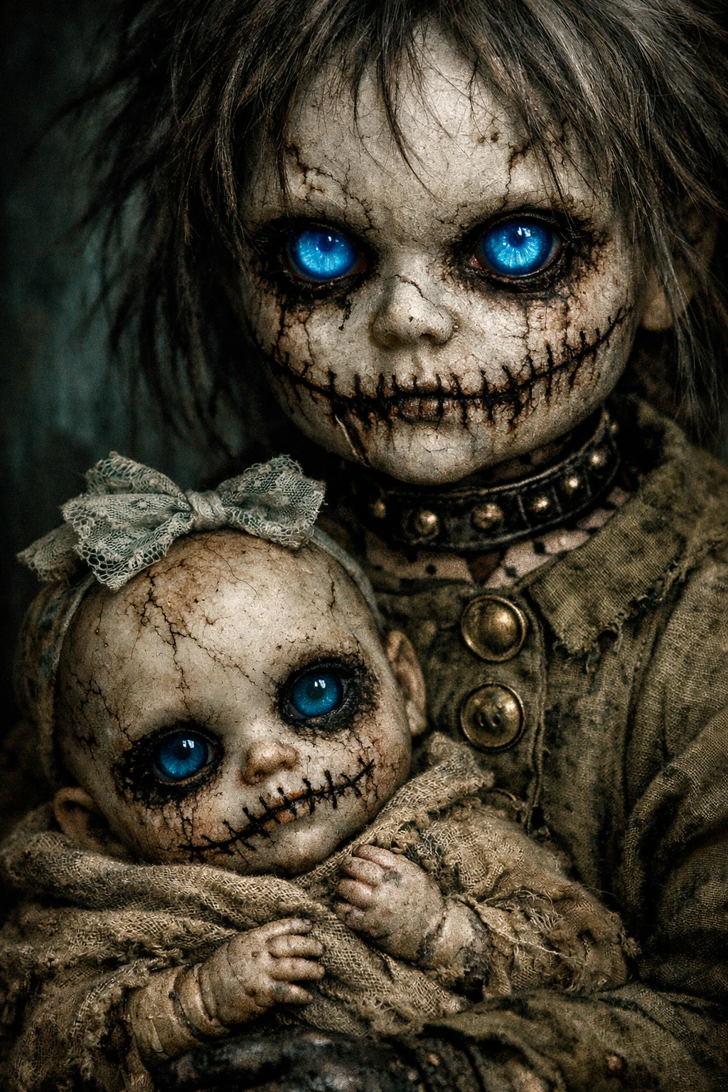 Close up of creepy stitched dolls with vivid blue eyes