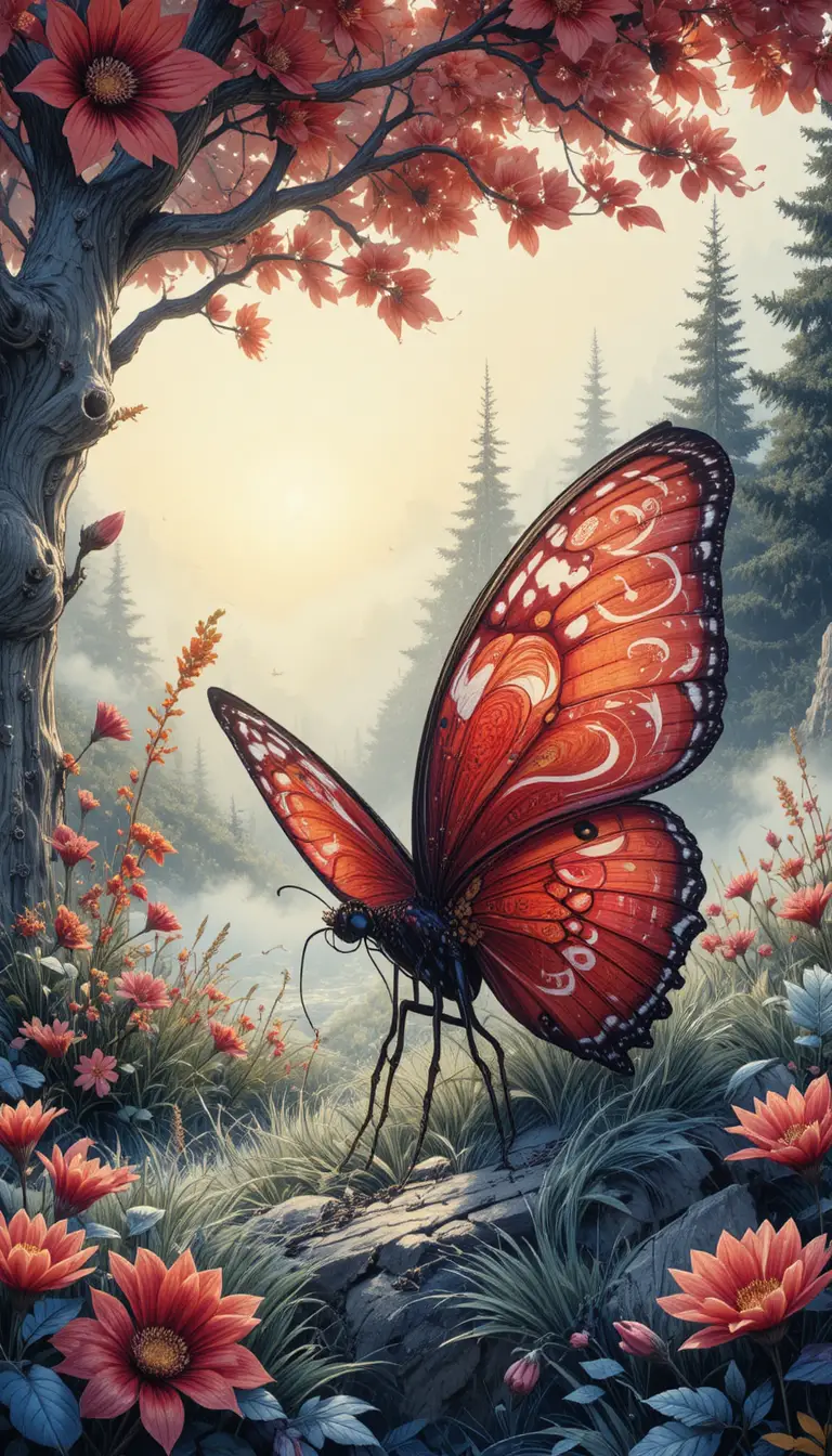 Red butterfly under tree at sunrise in misty forest
