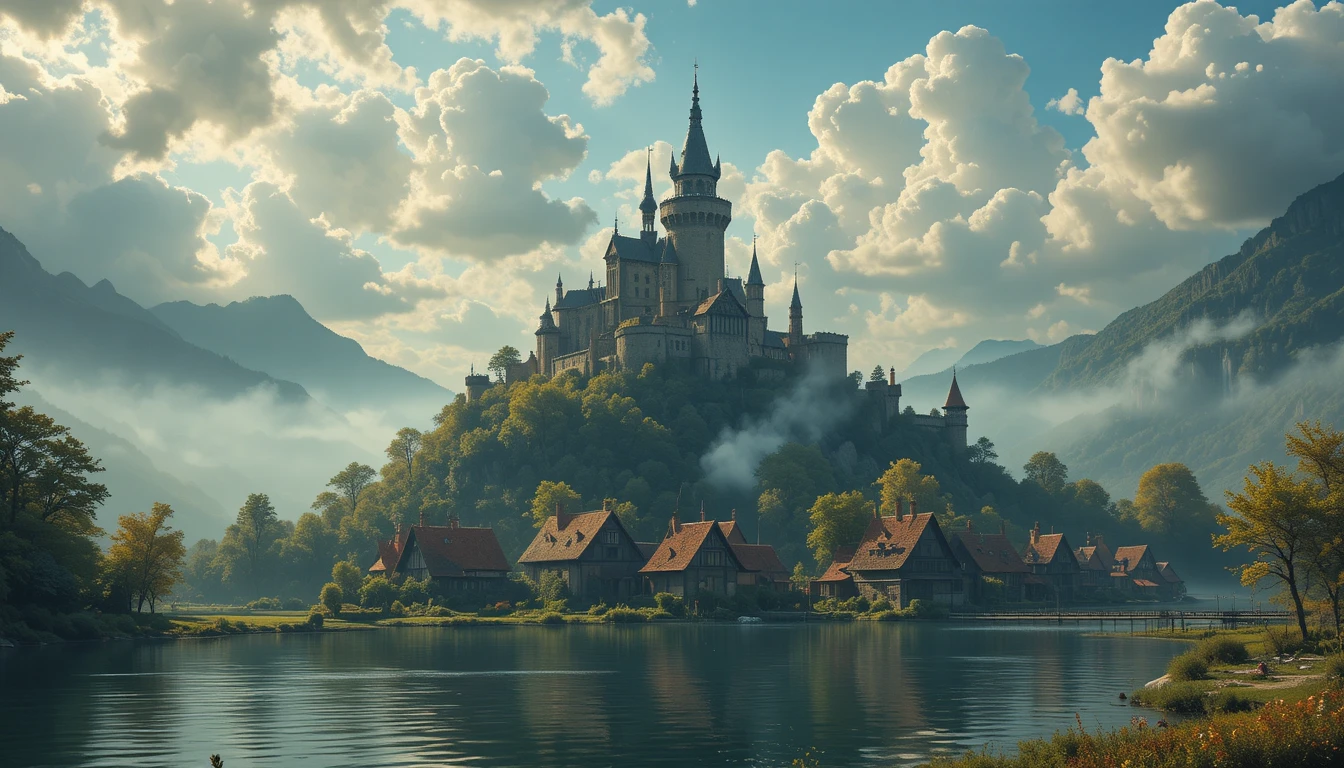 Castelo de fantasia medieval acima de uma vila à beira do lago