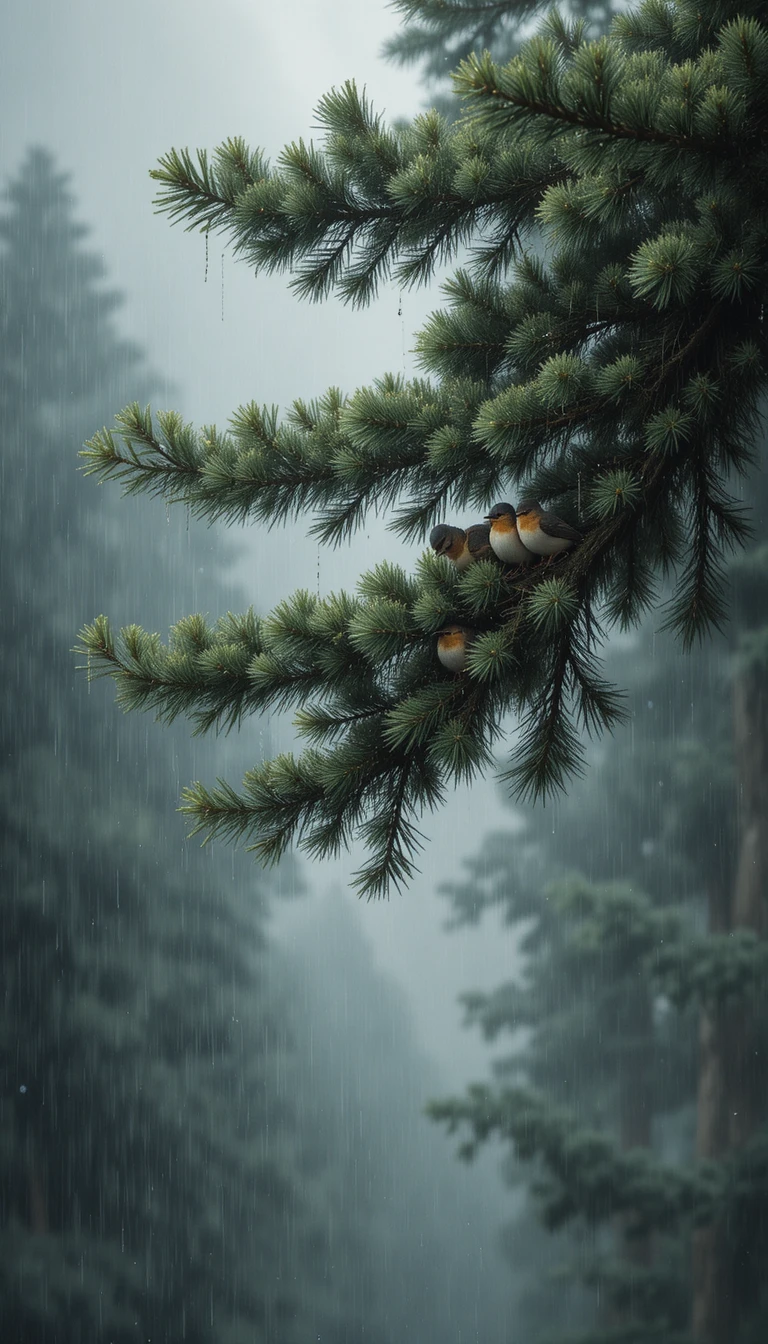 Pequenos pássaros se abrigam sob galhos de abeto na forte chuva da floresta