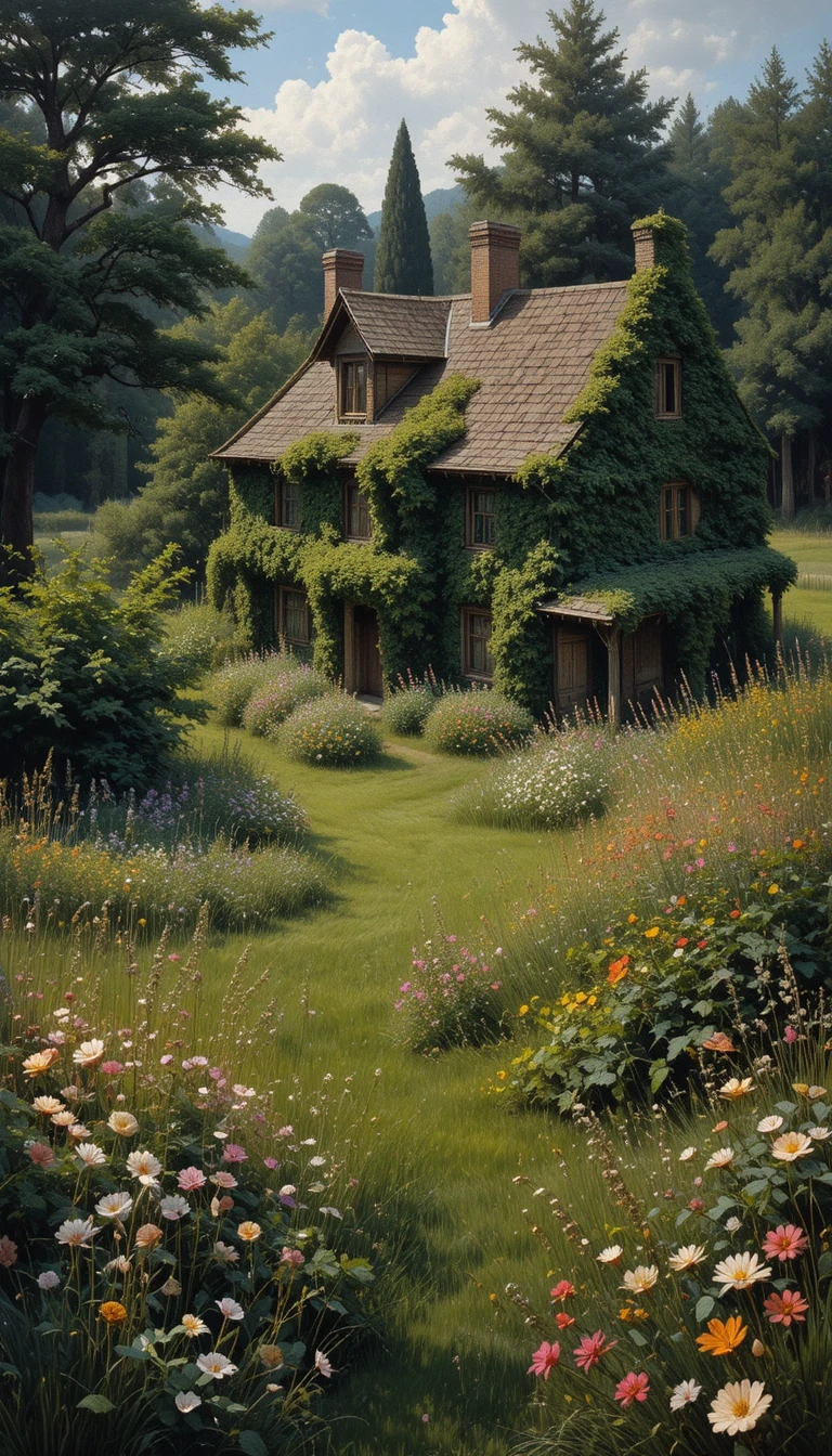 Casa de jardim tomada pela vegetação em pintura de paisagem a óleo expressiva