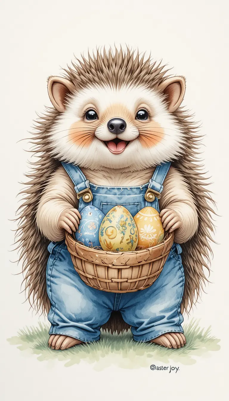 Cute hedgehog in jeans holding a colorful Easter egg basket