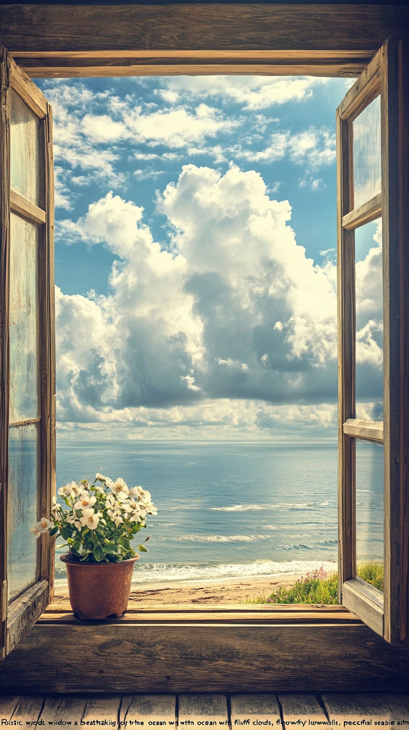 Rustikales Holzfenster mit Blick auf ein ruhiges Meer
