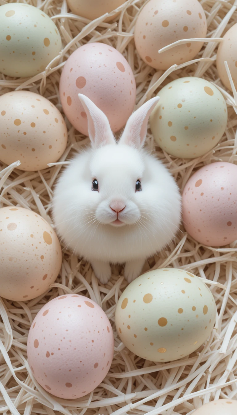 Coniglietto bianco soffice tra uova di Pasqua pastello sulla paglia