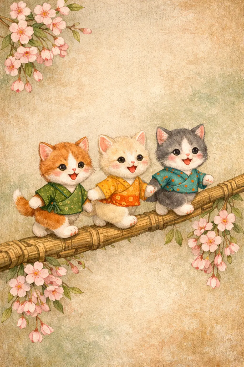 竹枝上穿著衣服的三隻可愛小貓