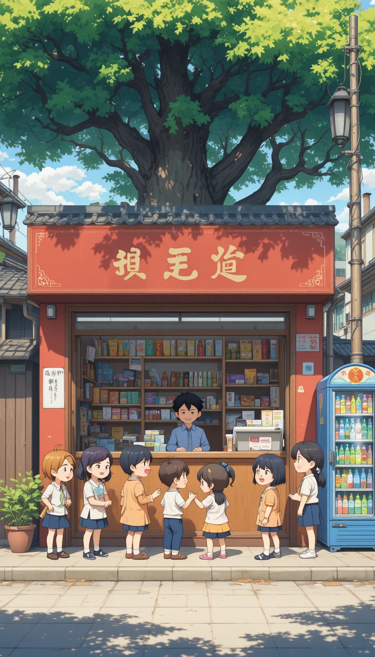 Bambini che comprano snack in un minimarket soleggiato in stile anime