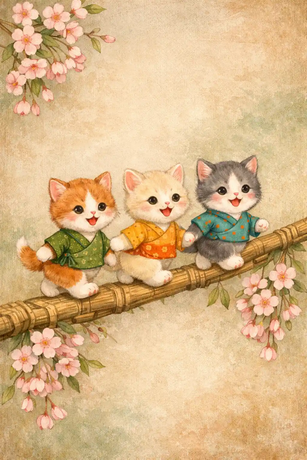 竹枝上穿著衣服的三隻可愛小貓