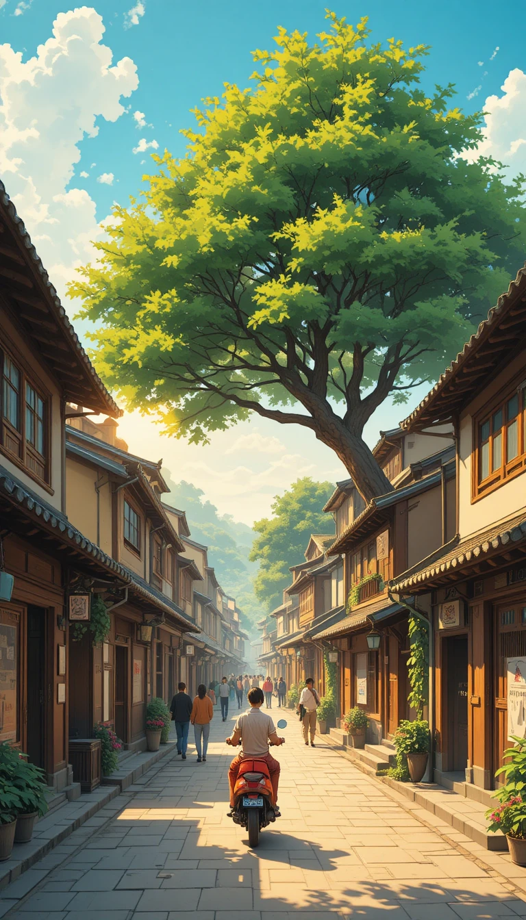 Antigua calle de un pueblo chino a la cálida luz dorada del atardecer