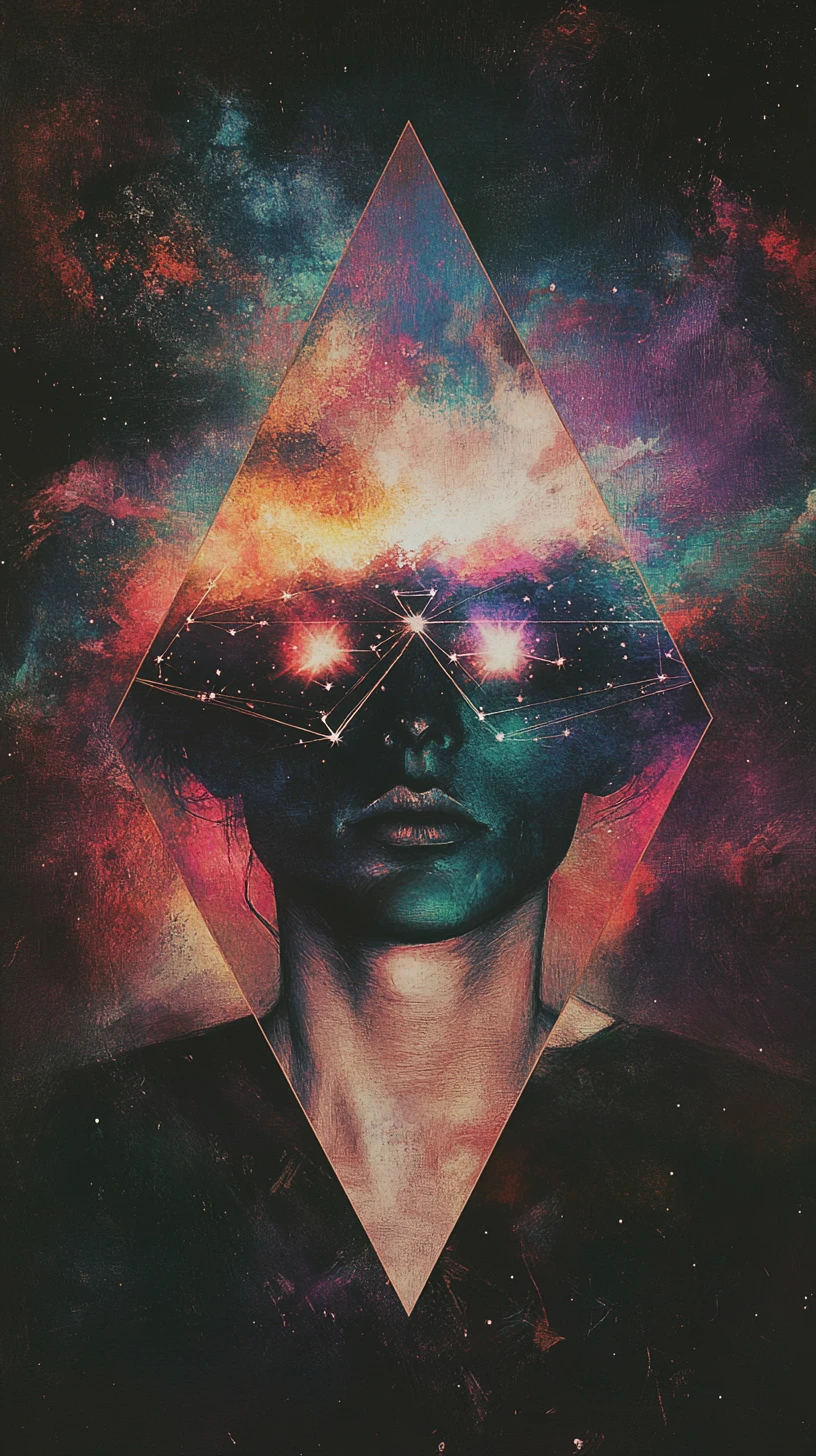 Masked figure framed in dark triangular composition