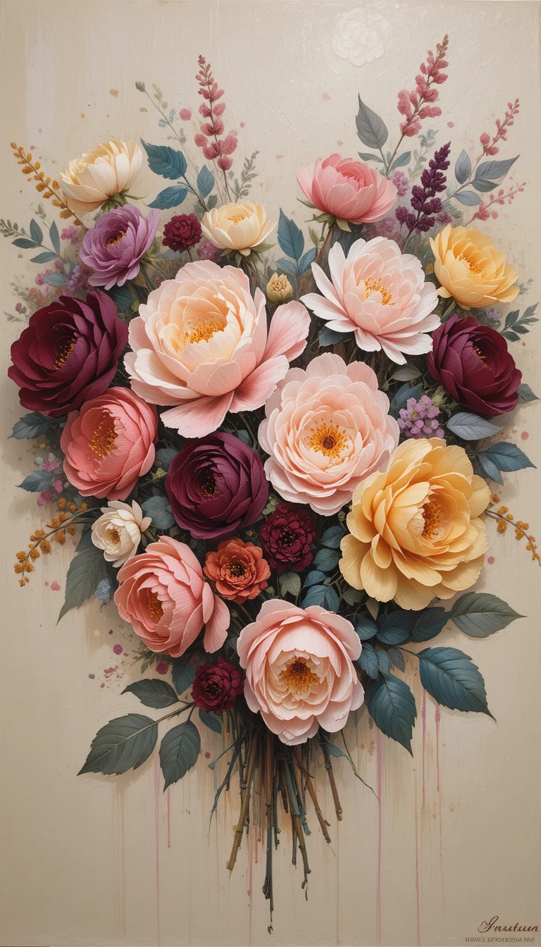Herzförmiger Blumenstrauß mit impressionistischen Pinselstrichen