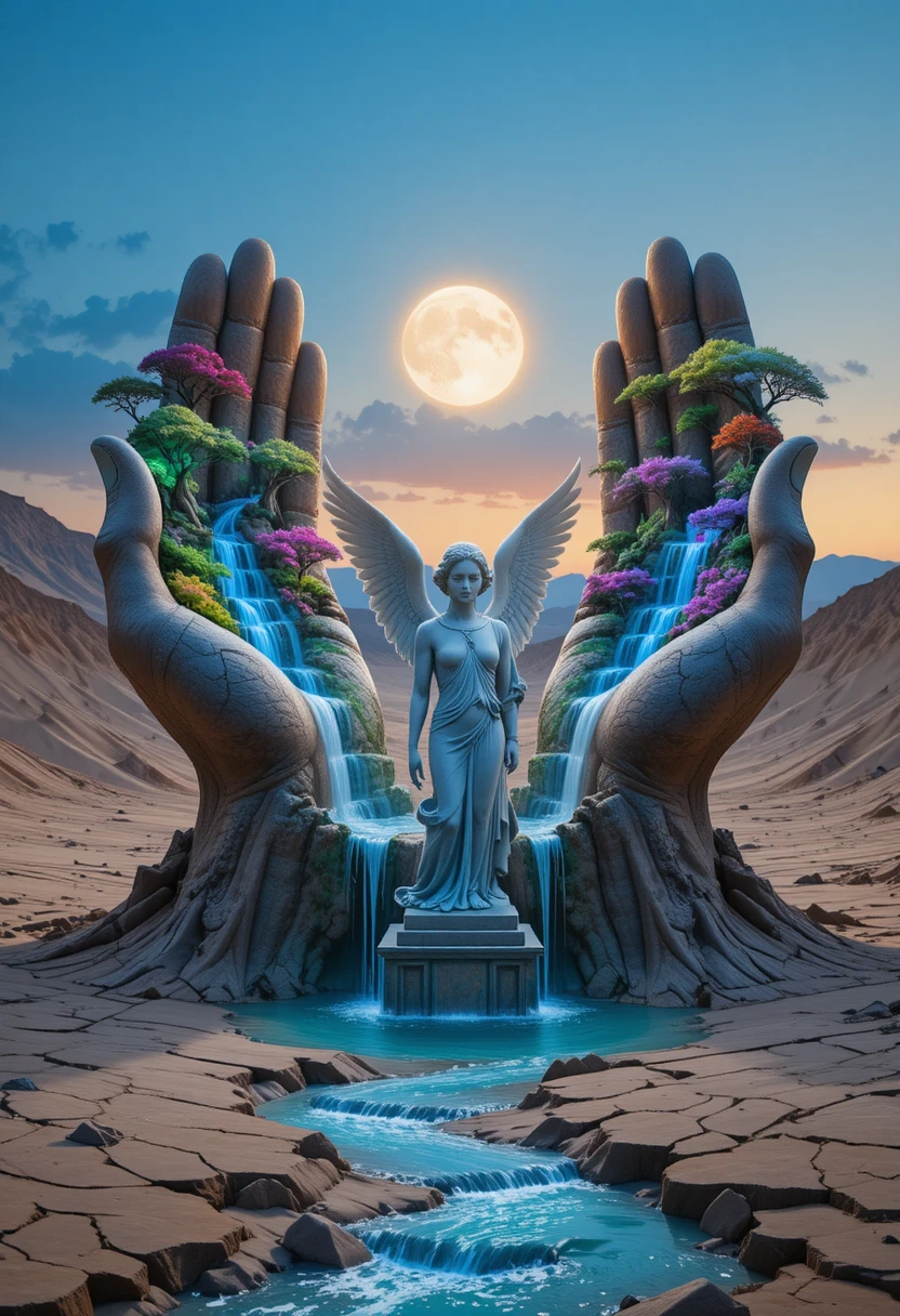 Close up angel statue between giant stone hands