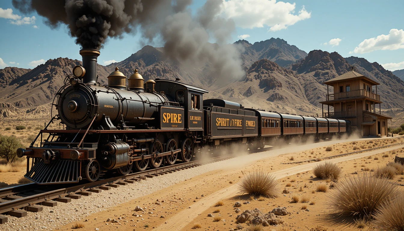 Vintage steam train crossing a dusty desert railway