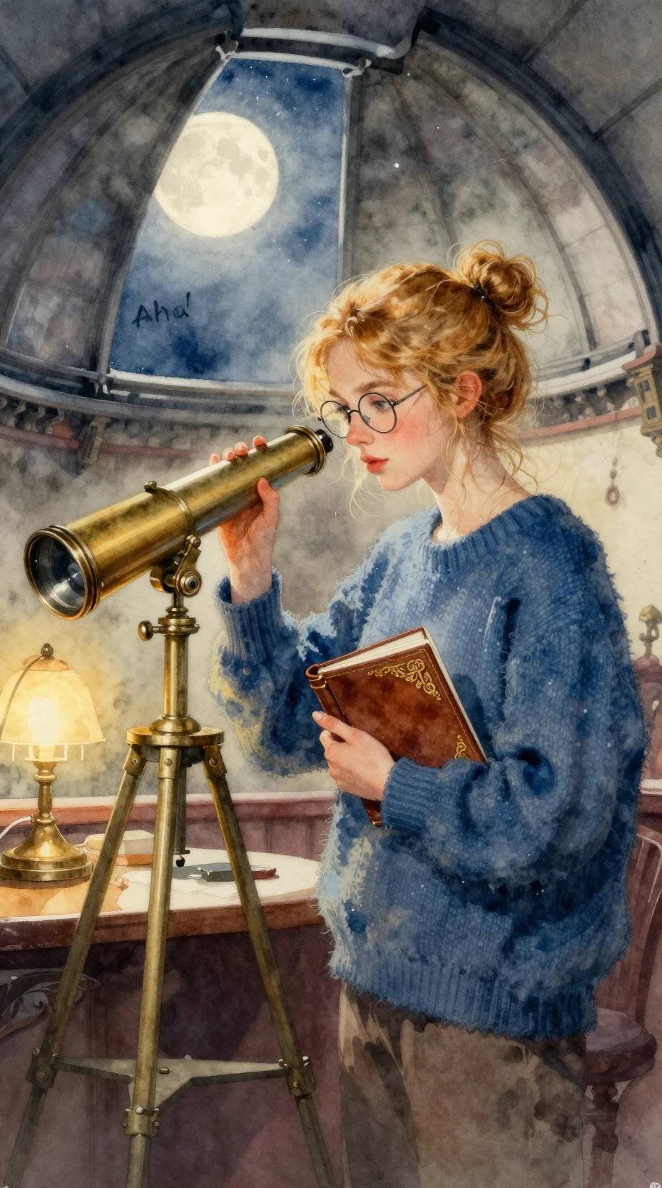 Junge Astronomin am Teleskop in Aquarell